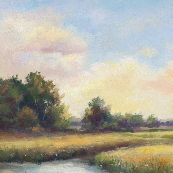 River at sunrise in soft tones