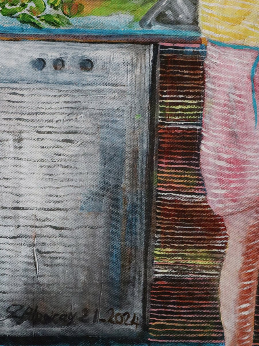 Expressive Portrait Oil Painting By Gokhan Alpgiray, 34 X 26, Breakfast Preparation, Original Artwork