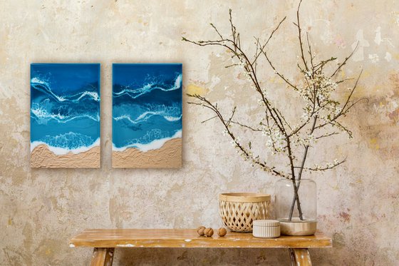 Diptych "On the beach" - set of 2 original seascape 3d artwork