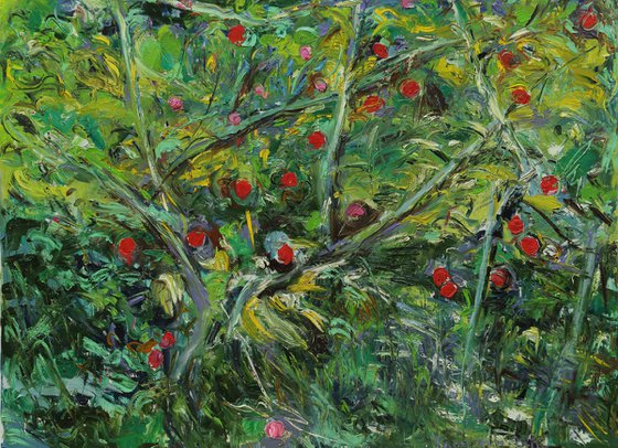 OVERGROWN ROSEHIPS - XXL Large Floral Art - original painting plants trees landscape art green summer nature impressionism art office interior home decore 150x200