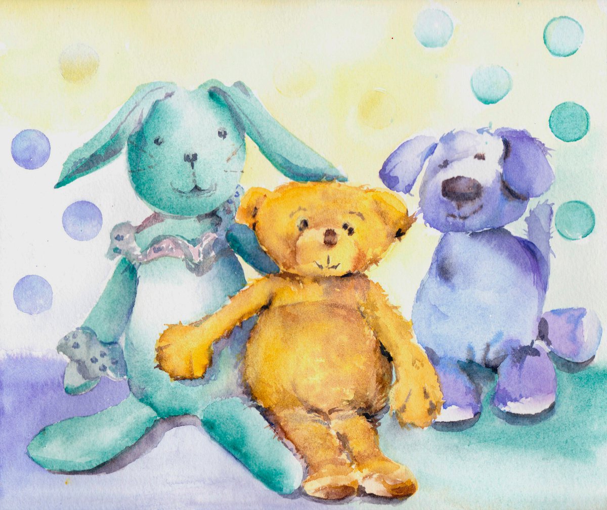 Teddy and friends, Original watercolour painting by Anjana Cawdell