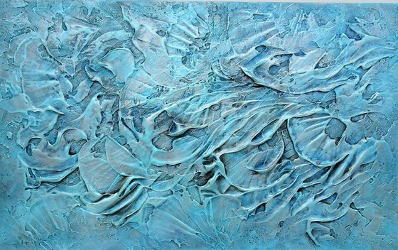 CORAL REEF II. Large Abstract Blue Teal Silver Gray Textured Painting 3D