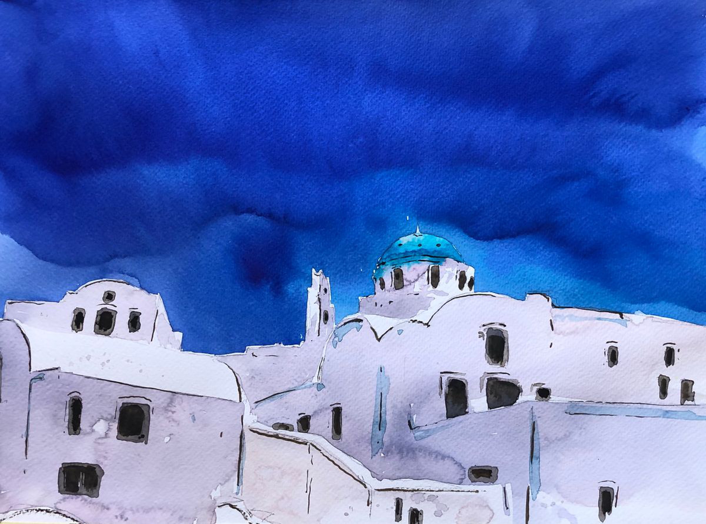 White Santorini Watercolor Painting Artfinder