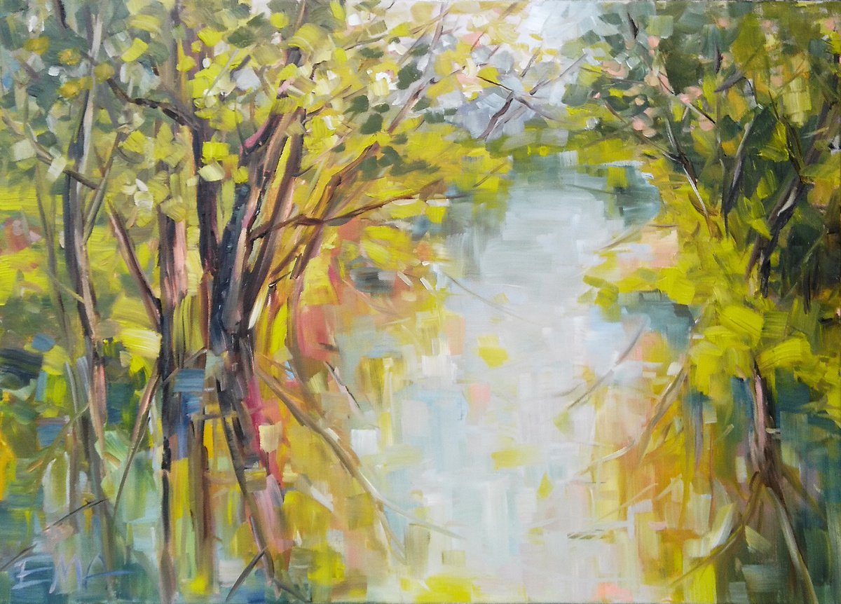 SPRINGTIME JOY, 70x50cm, spring river landscape by Emilia Milcheva