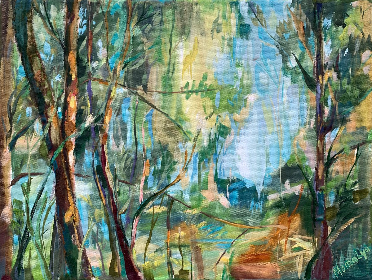 Impressionistic Landscape Oil Painting By Momalyu, 16 X 12", Illuminated By The Sun. Forest, Original Artwork
