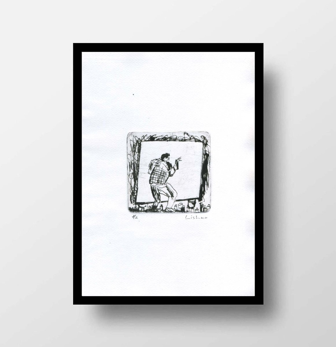 Expressive Portrait Etchings & Engravings By V. Lishko, 8 X 12", Self-Portrait, Original Artwork