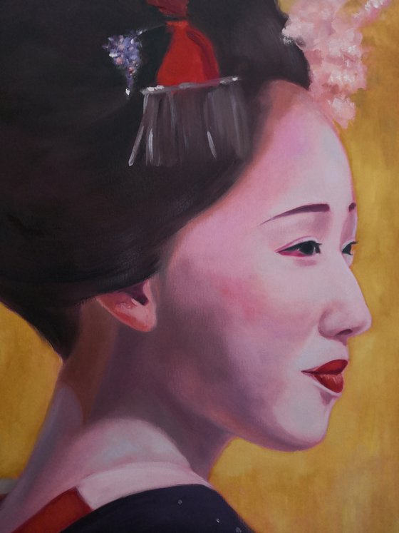 Geisha in kimono on the gold background portrait number 12