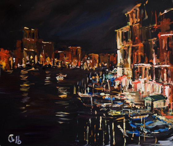 Night Venice. Original oil painting. Italy black bright light reflections medium size impressionism impression colors travel decor