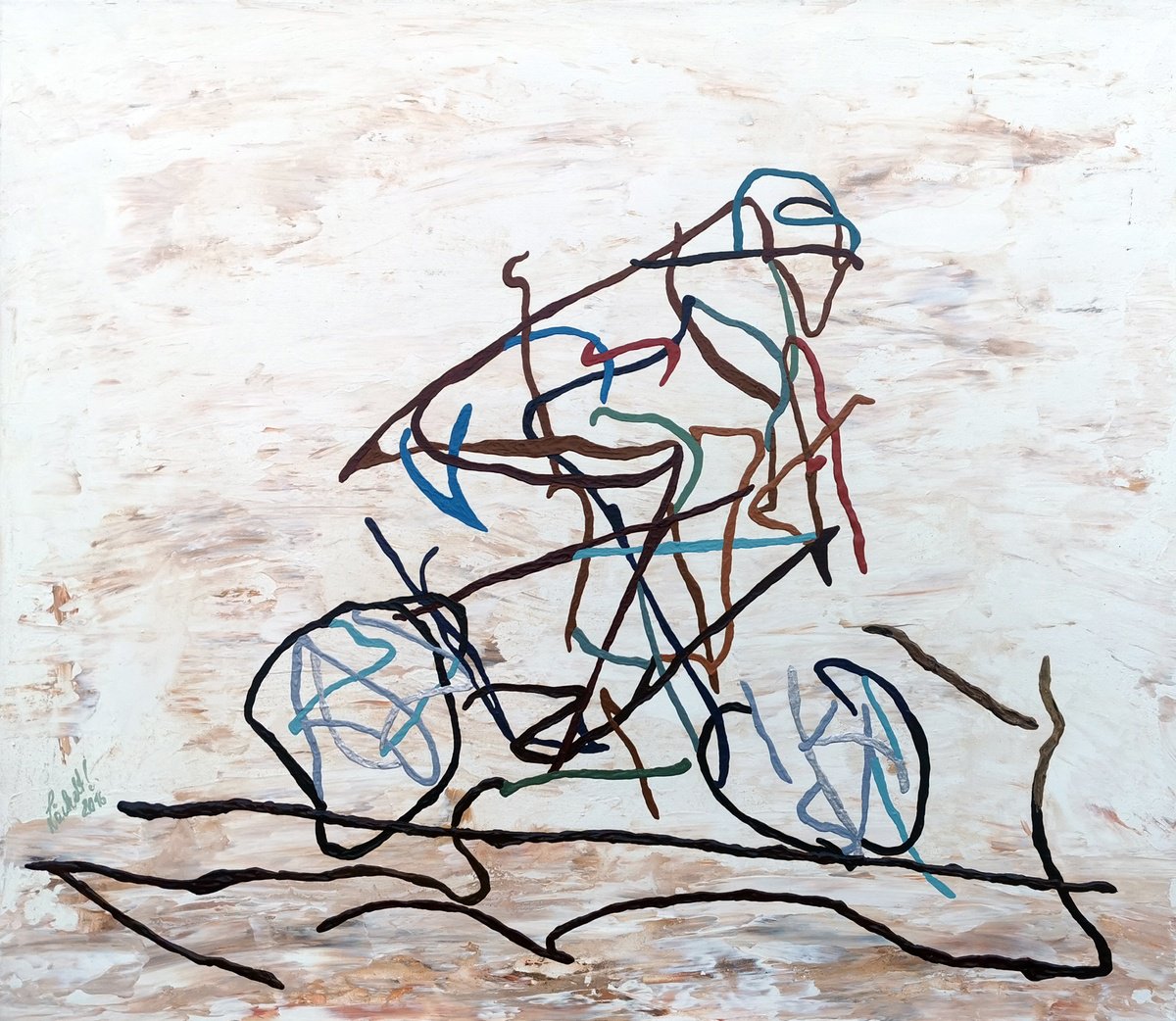 Expressive Portrait Acrylic Painting By Uli Lachelt, 36 X 31", Xx 30 - Bicycle Rider, Original Artwork