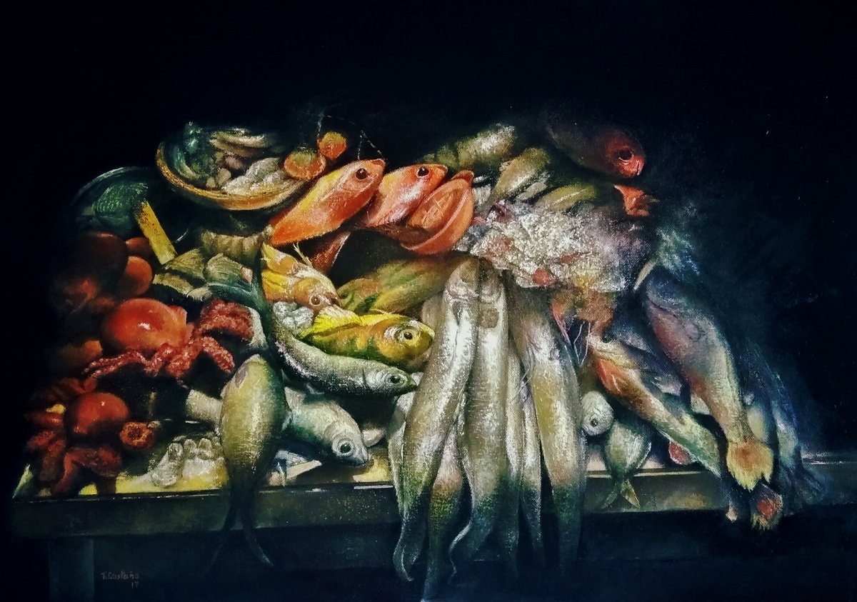 Photorealistic Still Life Oil Painting By Tomas Castano, 28 X 20", Fish Market, Original Artwork
