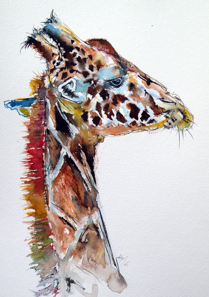 Impressionistic Animal Watercolour By Kovacs Anna Brigitta, 10 X 14", Giraffe, Original Artwork