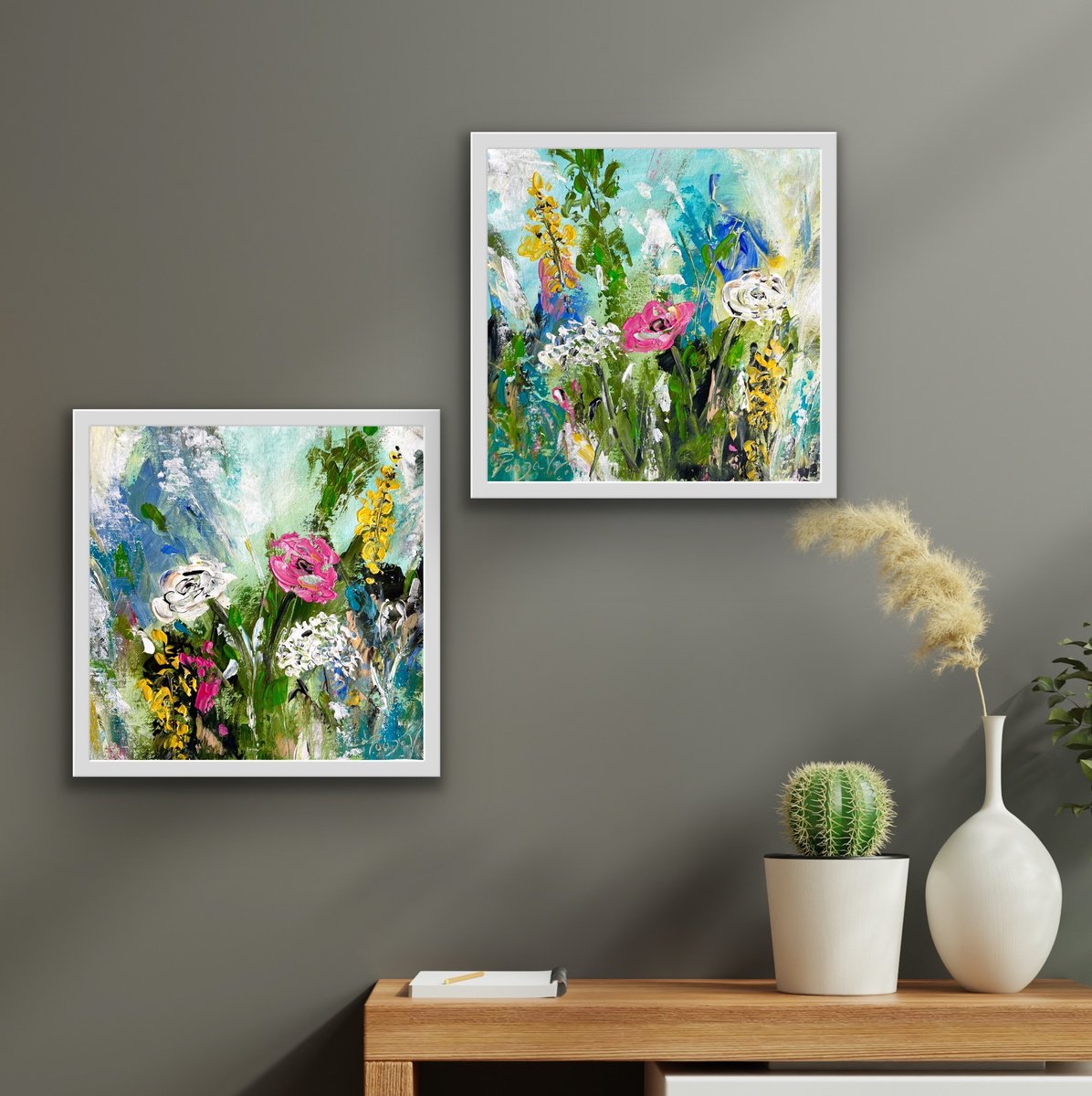 Impressionistic Botanical Acrylic Painting By Pooja Verma, 22 X 11", The Colours Of Spring Diptych, Original Artwork