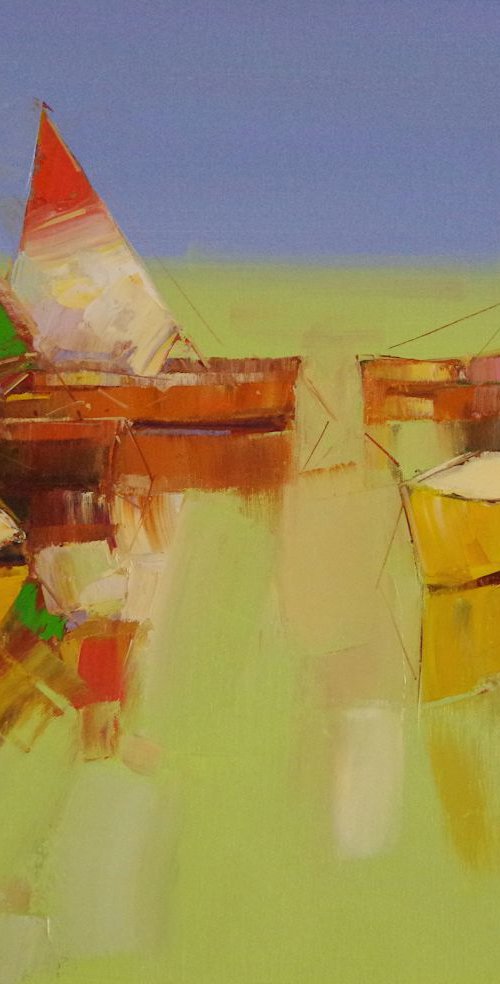 Sail Boats, Abstract Original oil painting, Handmade artwork by palette knife, One of a kind Signed with Certificate of Authenticity by Vahe Yeremyan