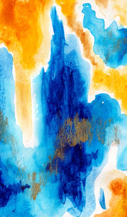 "Ice and Fire" landscape, original acrylic painting, abstract art, office home decor, gold, blue, yellow by Alexandra Dobreikin