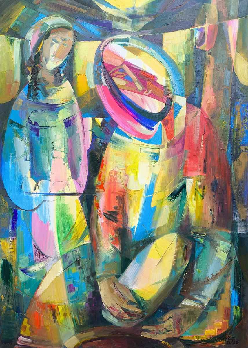 Abstract Portrait Oil Painting By Seyran Gasparian, 20 X 28", The Bakers, Original Artwork