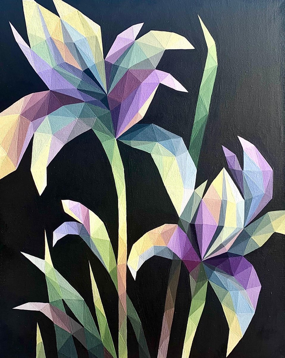 Geometric Botanical Acrylic Painting By Maria Tuzhilkina, 13 X 16", Lilac Irises On Black, Original Artwork