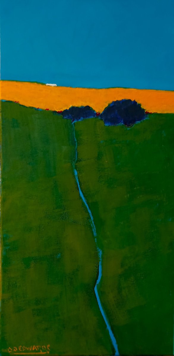 Abstract Landscape Acrylic Painting By David J Edwards, 10 X 20, Meadow Stream, Farm Summer, Original Artwork