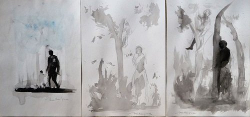 Three Garden Sketches, triptych, 21x29 cm each by Frederic Belaubre