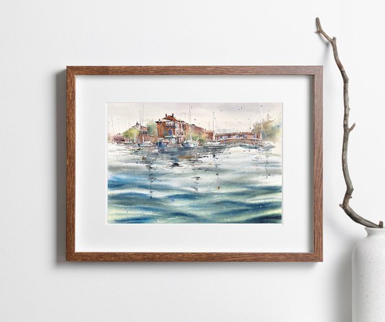 Harbour Cityshape /boats watercolor painting, Port Grimaud yachts watercolor painting
