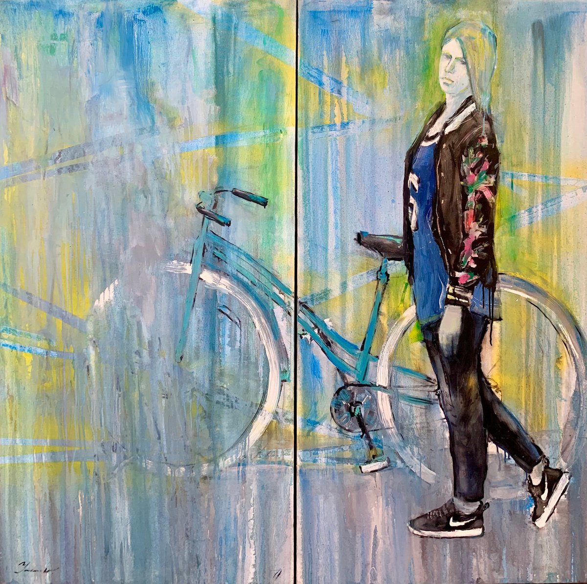 Expressive Portrait Oil Painting By Yaroslav Yasenev, 63 X 61", Bike, Original Artwork