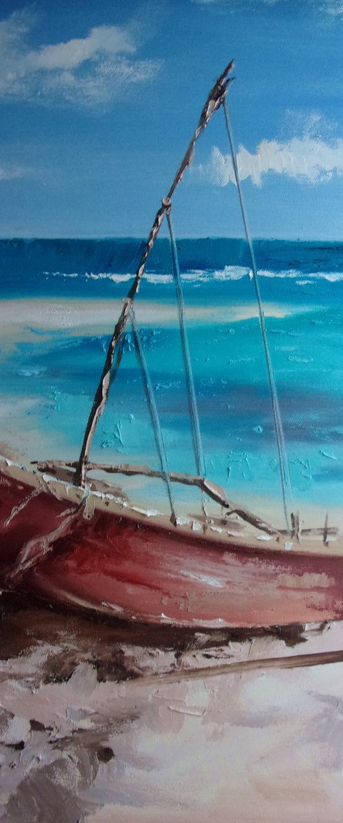 " ON THE BEACH " SHIP BOAT SAIL original painting palette knife GIFT MODERN URBAN ART OFFICE ART DECOR HOME DECOR GIFT IDEA by Monika Luniak
