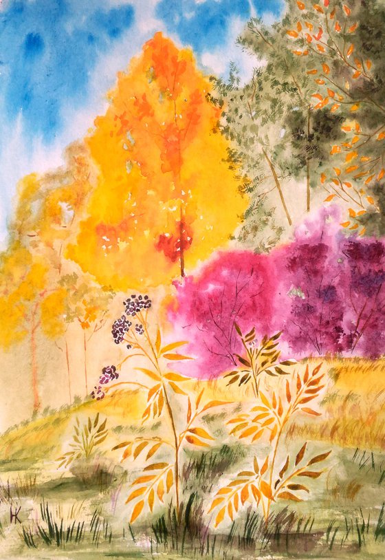 autumn landscape original watercolor painting red trees impressionistic watercolor'Red autumn"