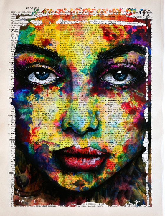 Hypnotic Eyes - Collage Art on Large Real English Dictionary Vintage Book Page