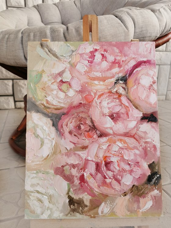 Pink flowers painting, Textural painting on canvas