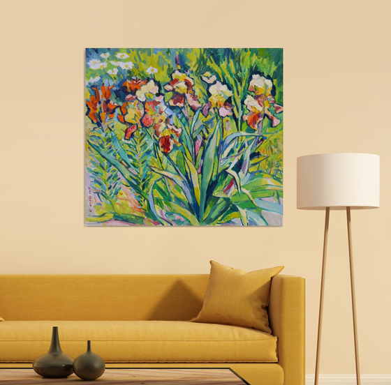 Irises and orange lilies