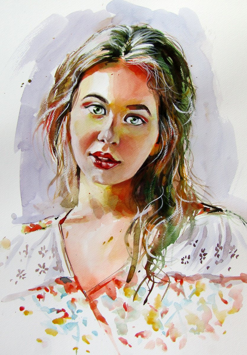 Impressionistic Watercolour , Charming Girl By Kovacs Anna Brigitta, 14 X 20, Artwork For Sale On Artfinder