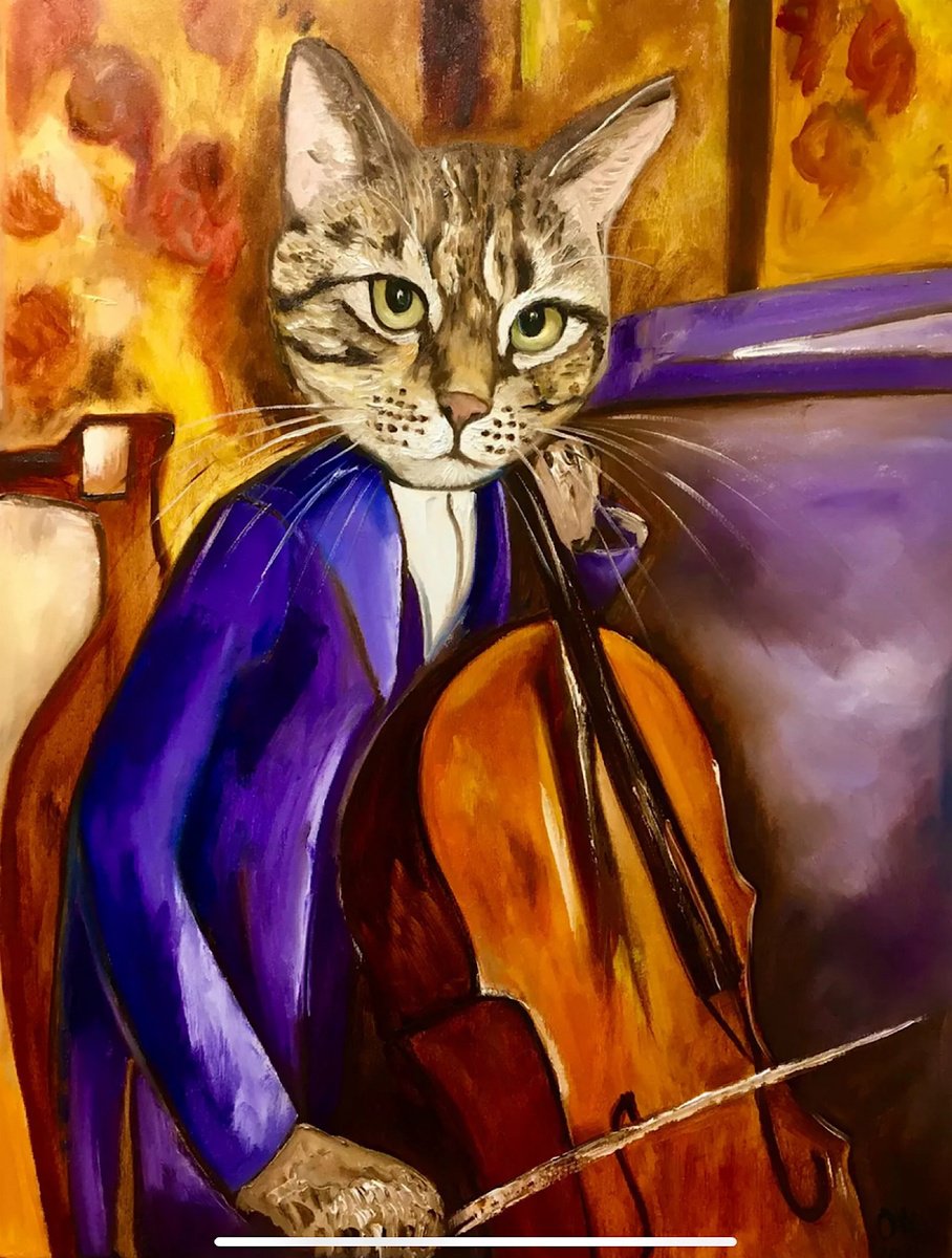Impressionistic Animal Oil Painting By Olga Koval, 24 X 32", Cat Cellist, Original Artwork