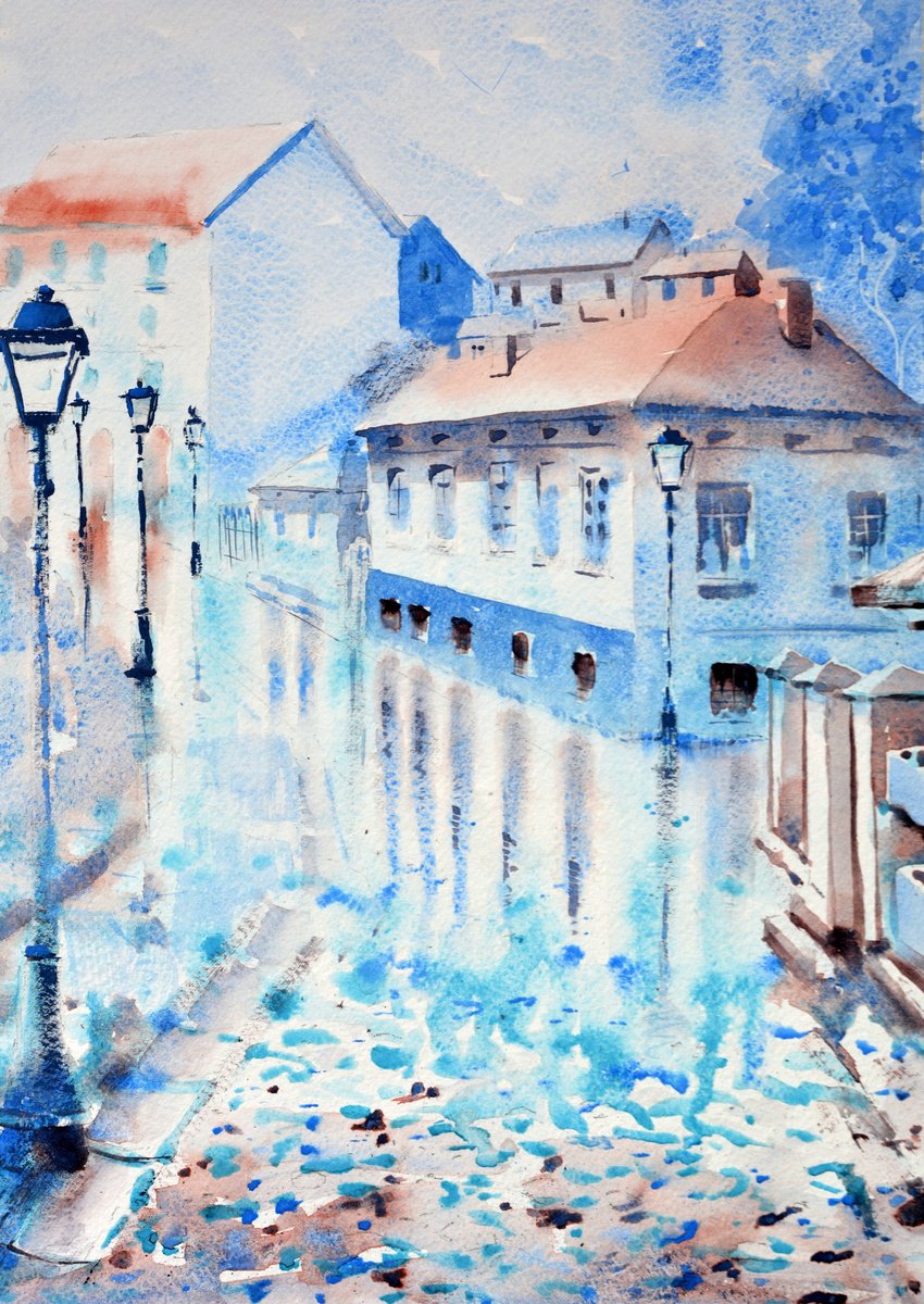 Impressionistic Cityscapes Watercolour By Nenad Kojic, 11 X 15", Blue And Wet Skadarlija Belgra, Original Artwork