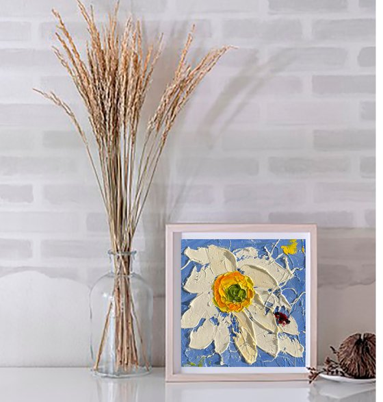 Daisy Painting Ladybug Original Art Chamomile Small Oil Impasto Floral Artwork Flower Wall Art 4 by 4 inches by Halyna Kirichenko