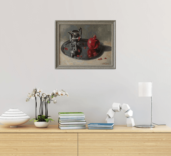 "Reflections" still life pomegranate metal silver white liGHt original painting  GIFT (2019)