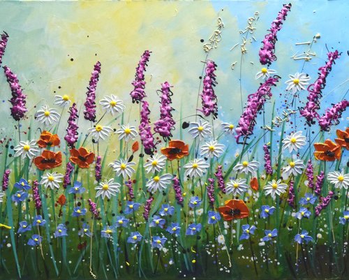 Summer Blooming - Extra Large Textured Wildflower Meadow Painting by Nataliya Stupak