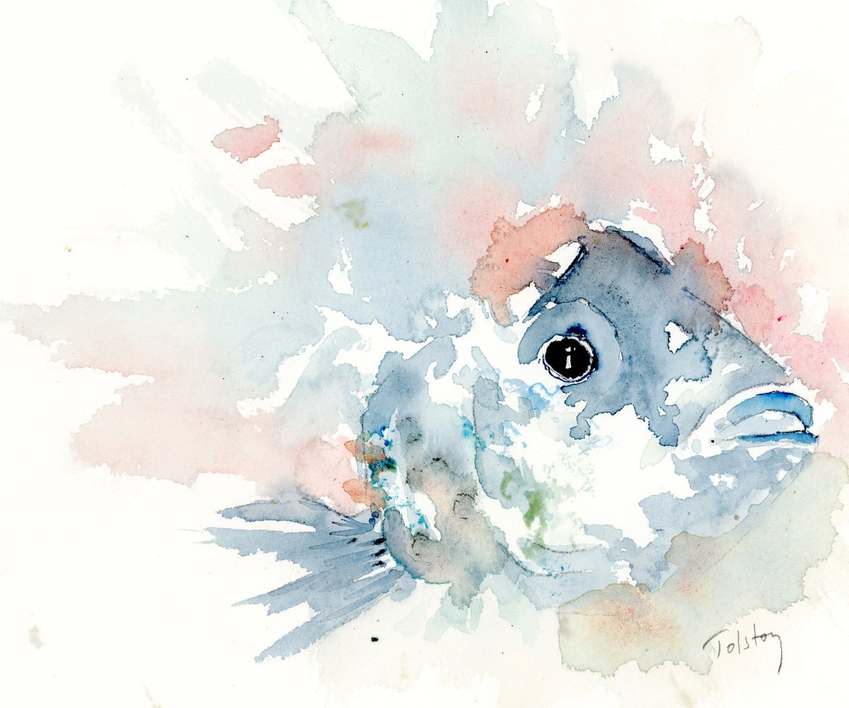 Impressionistic Animal Watercolour By Alex Tolstoy, 12 X 10, Big Mouth Fish, Original Artwork