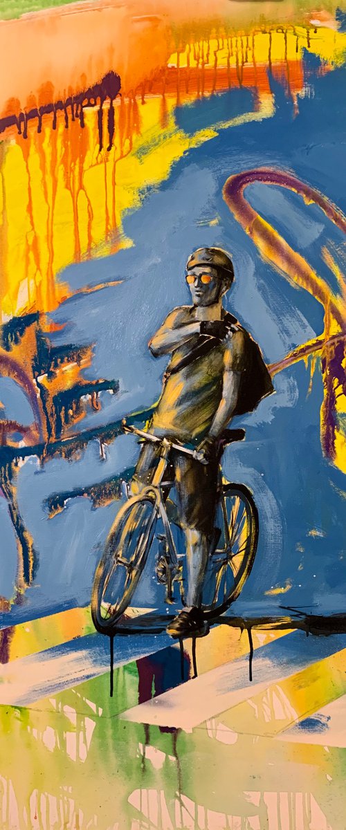 Bright painting - "Cyclist on sunset" - Urban Art - Pop Art - 2022 by Yaroslav Yasenev