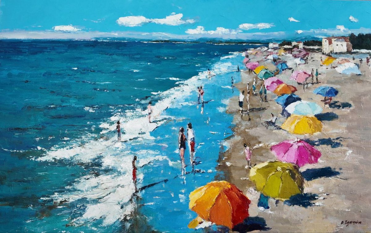 Impressionistic Landscape Oil Painting By Olga Egorov, 31 X 20", Under The Sun Umbrellas, Original Artwork