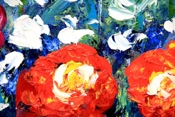 Red pink white white flowers painting original