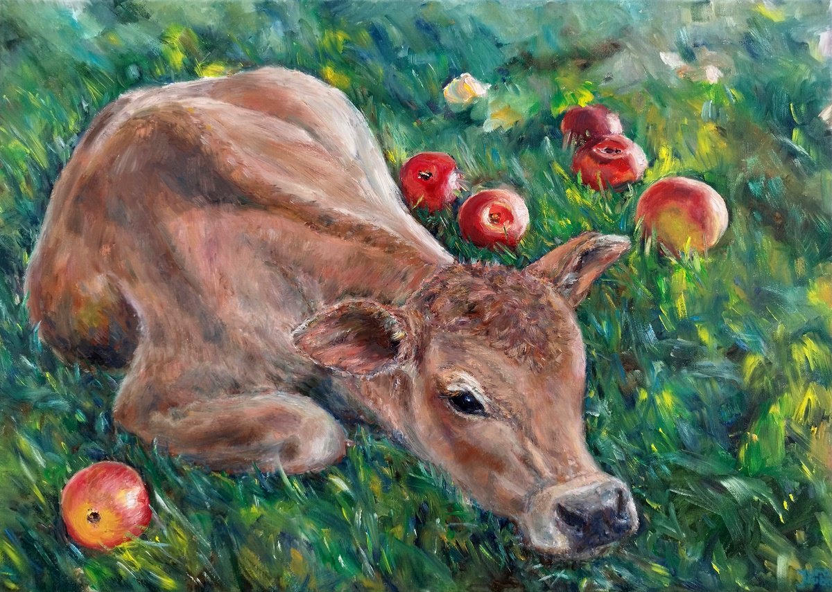 Photorealistic Animal Oil Painting By Jura Kuba Art, 28 X 20", Melania, The Cow, Original Artwork