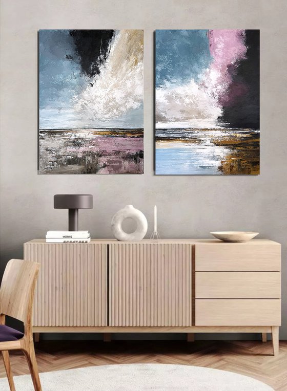 Crimson Sky Passage – Blue Pink Diptych