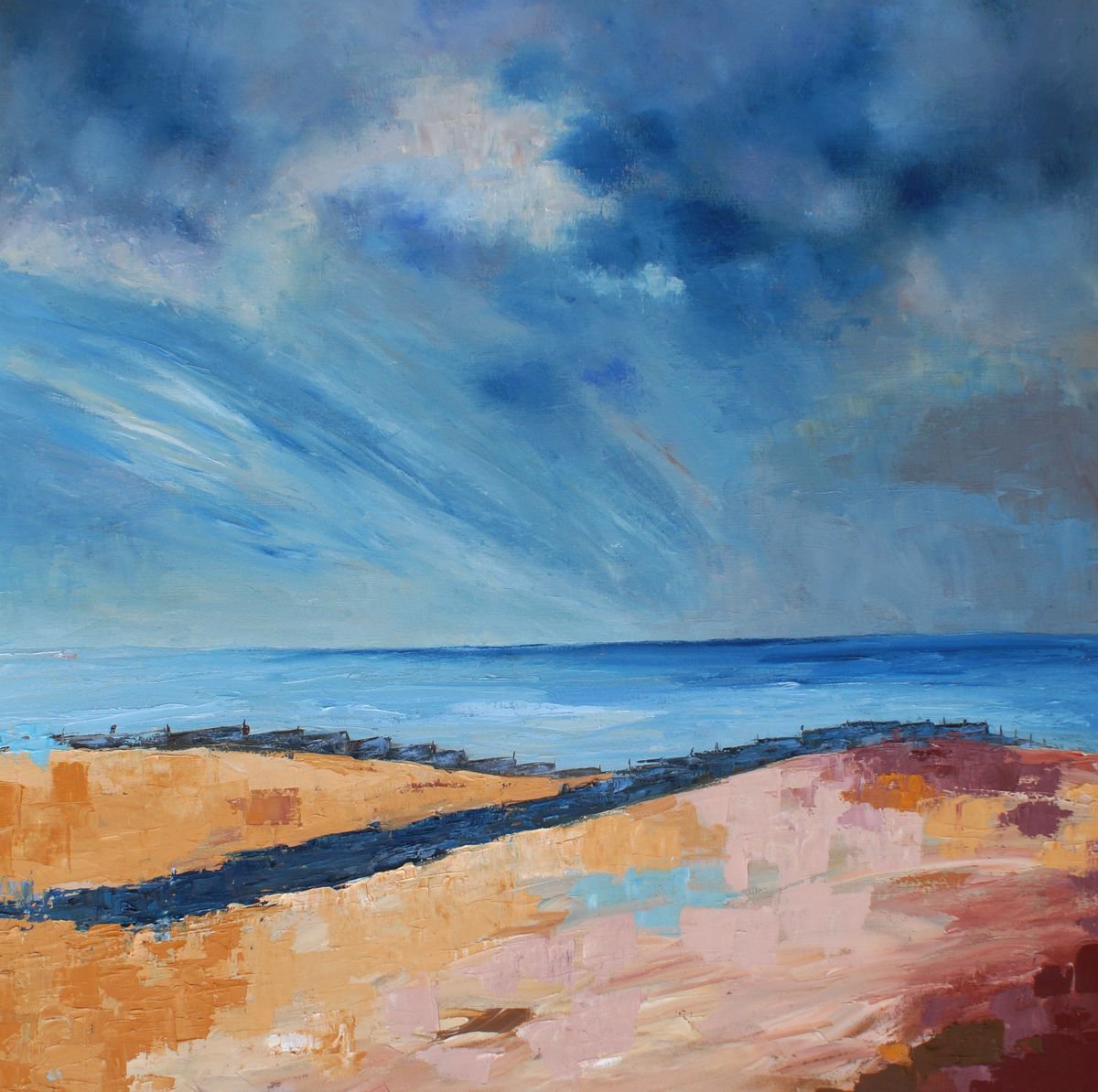 Whitstable Groynes - oil on canvas 30x30 by Ann Palmer