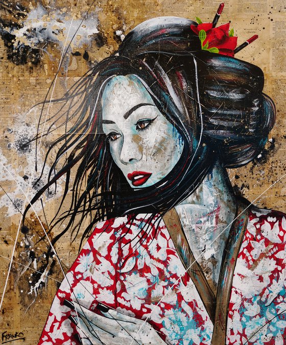 Cherry Memories 120cm x 100cm Red Kimono Geisha Abstract Realism Book Page Art