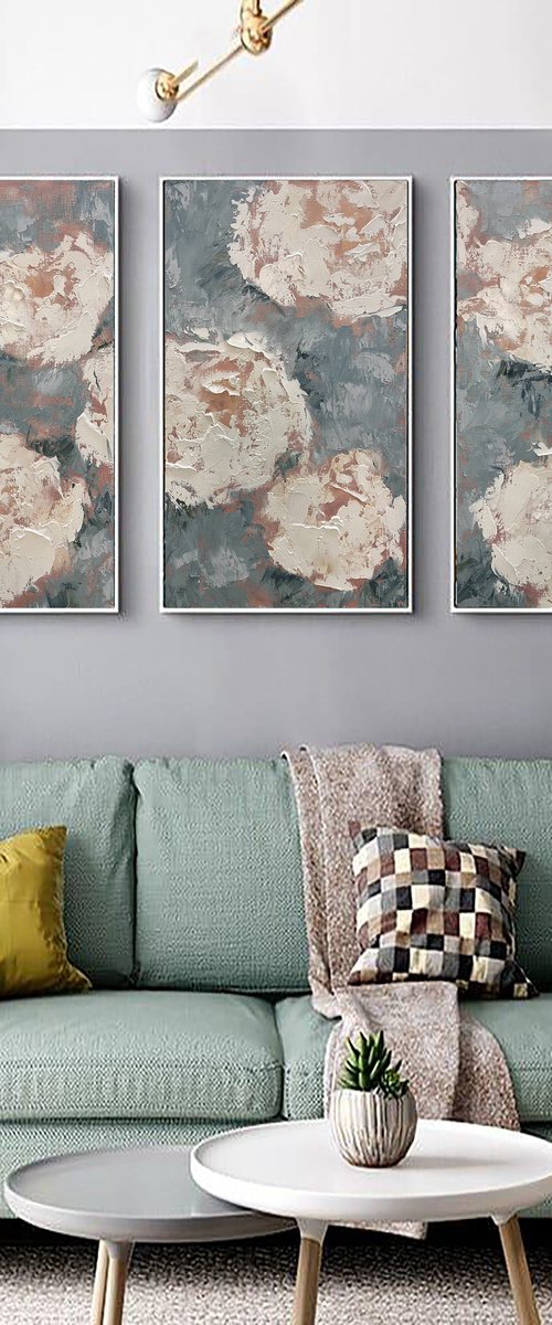 White Peonies triptych by Marina Skromova
