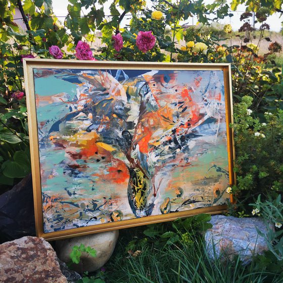 Beautiful green and orange framed painting about eternity and perenity still life painting by O KLOSKA