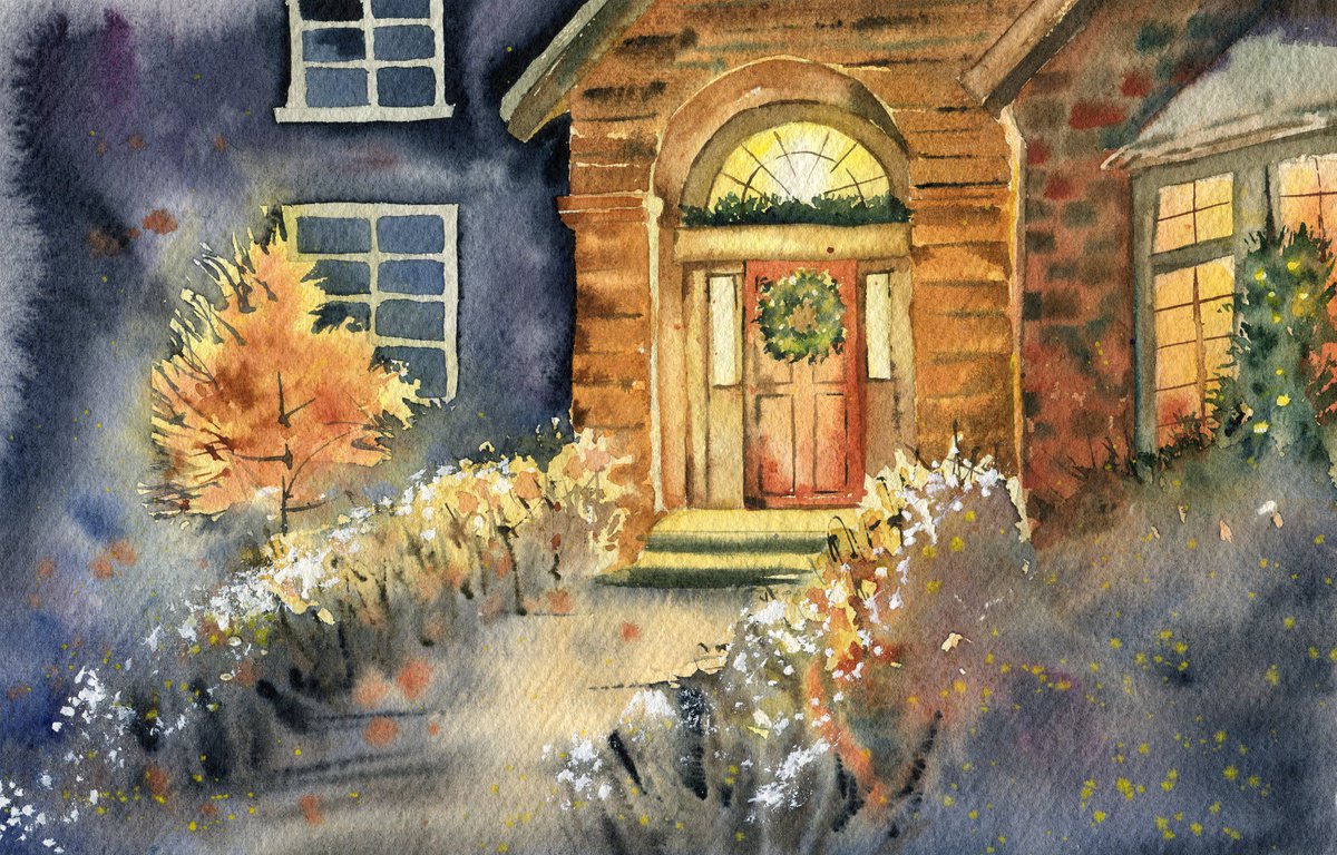 Brick house with a Christmas wreath. Christmas illustration. Original watercolor artwork. by Evgeniya Mokeeva