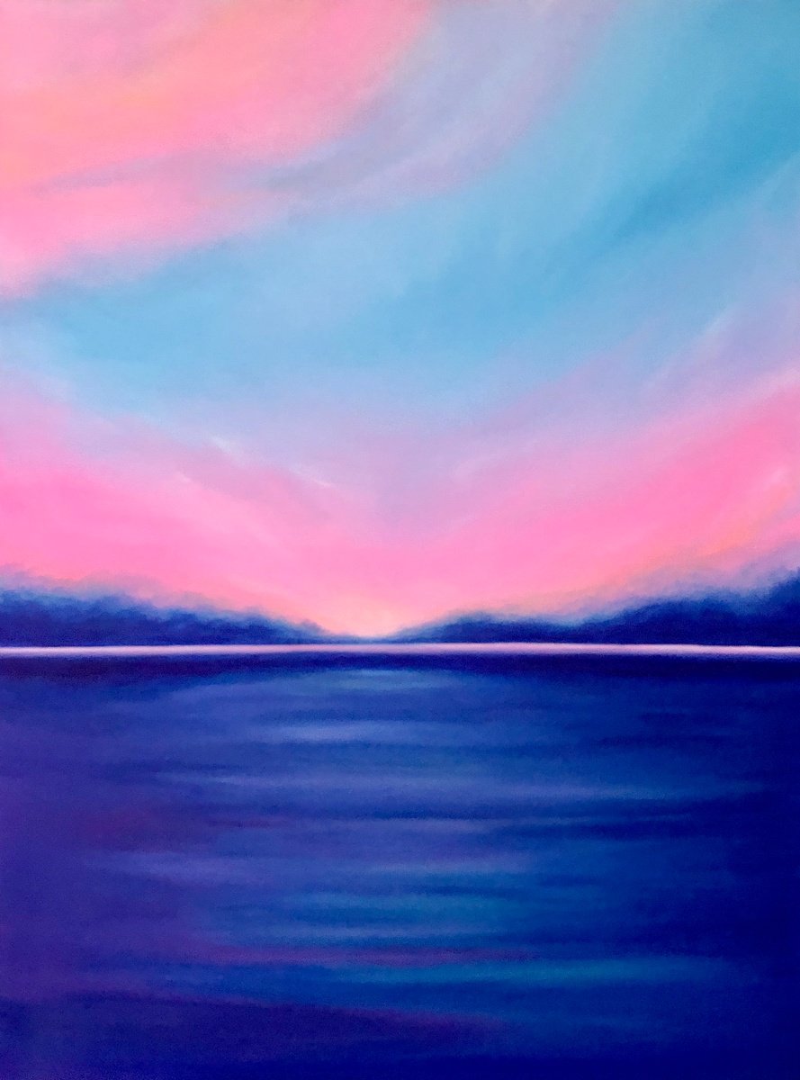 -Sunset on the sea-? - pink, rosa, blue minimalism seascape by Nataliia Krykun