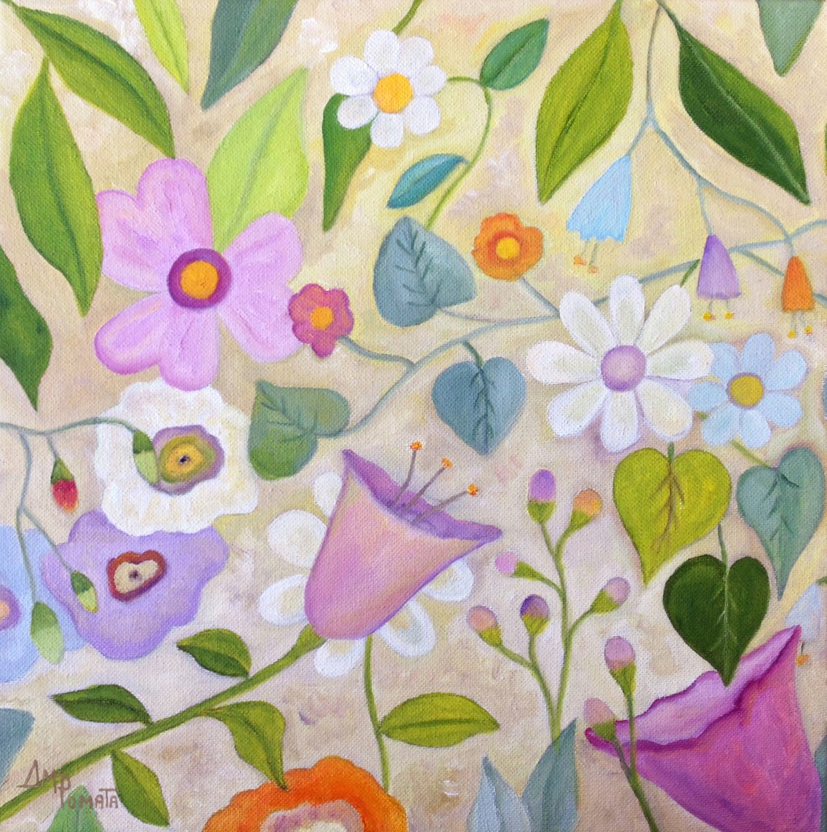 Impressionistic Botanical Oil Painting By Angeles M. Pomata, 12 X 12, Warm Spring Breeze, Original Artwork