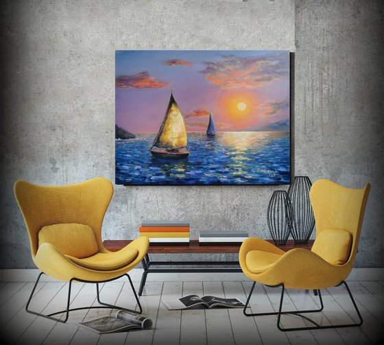 Sunset over the sea oil painting