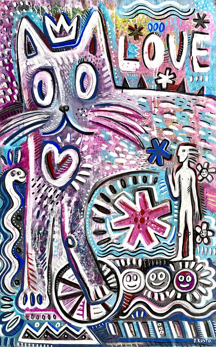 Impressionistic Animal Acrylic Painting By Daria Kusto, 42 X 67, Love Cat, Original Artwork